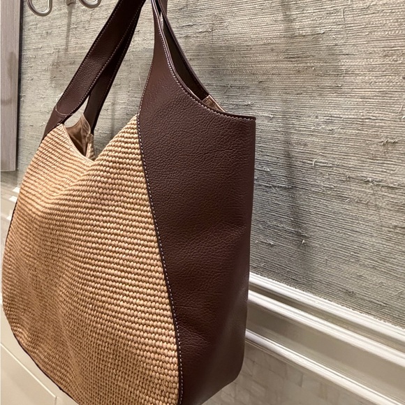 NWOT new Anthropologie Sonia raffia slouchy tote bag brown tan faux Leather - Picture 7 of 13